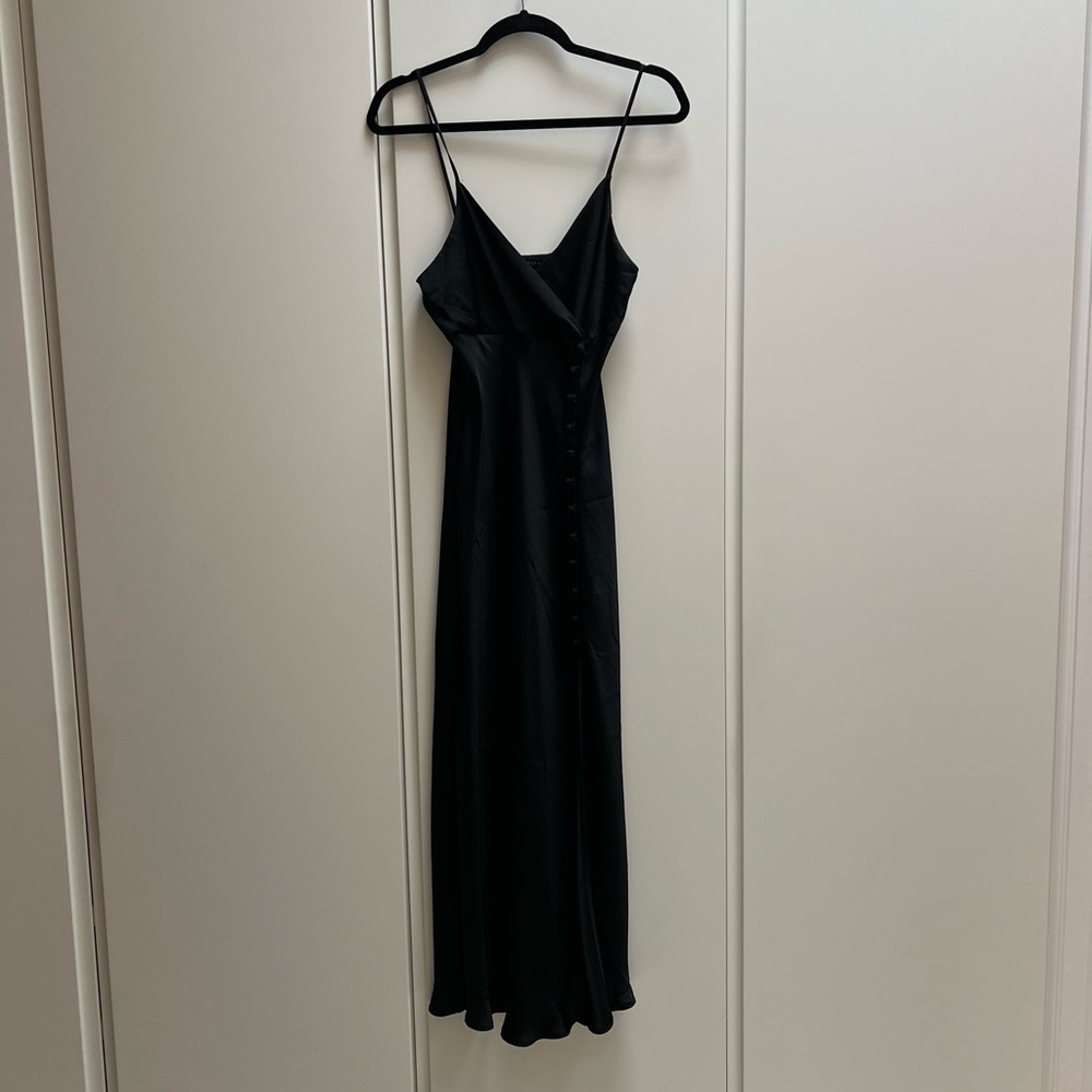 Zara Black Satin Midi Dress with Faux Button Detailing and Slit